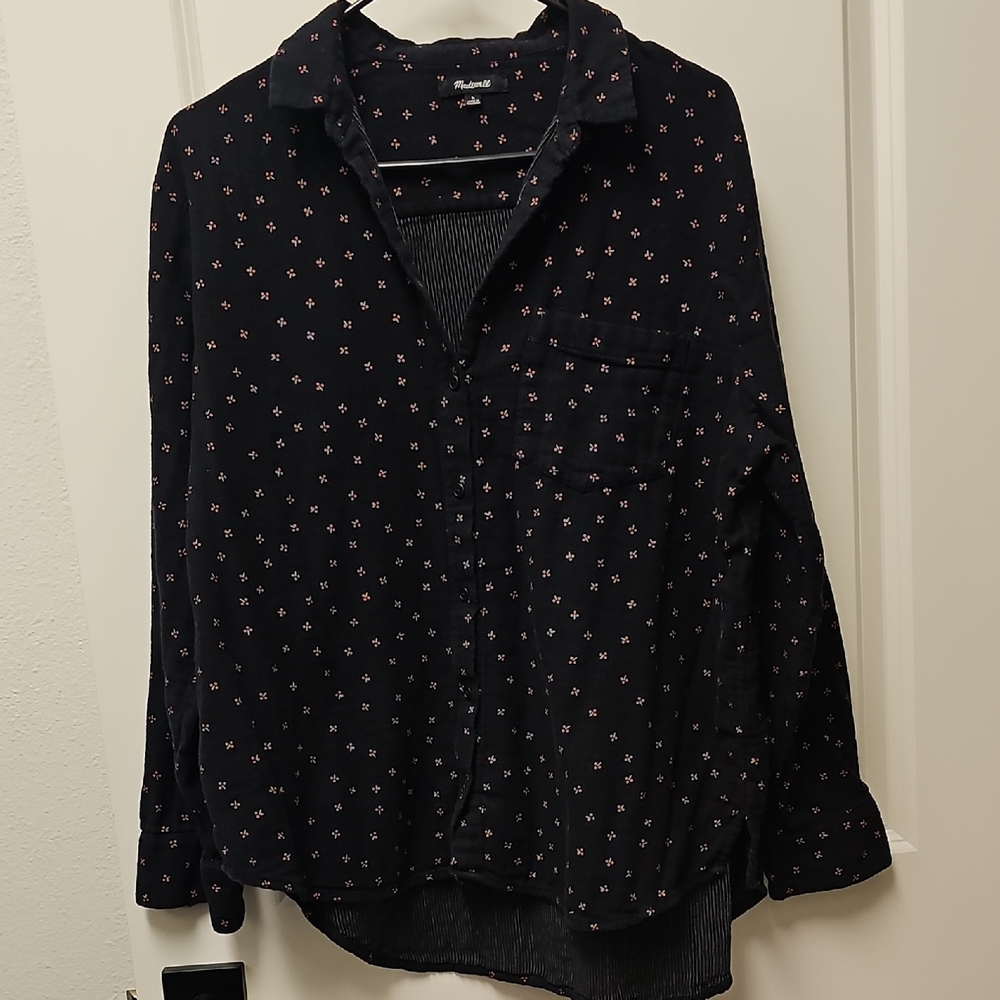 Madewell Black Button Down Shirt with Pink Flower Pattern, Size L